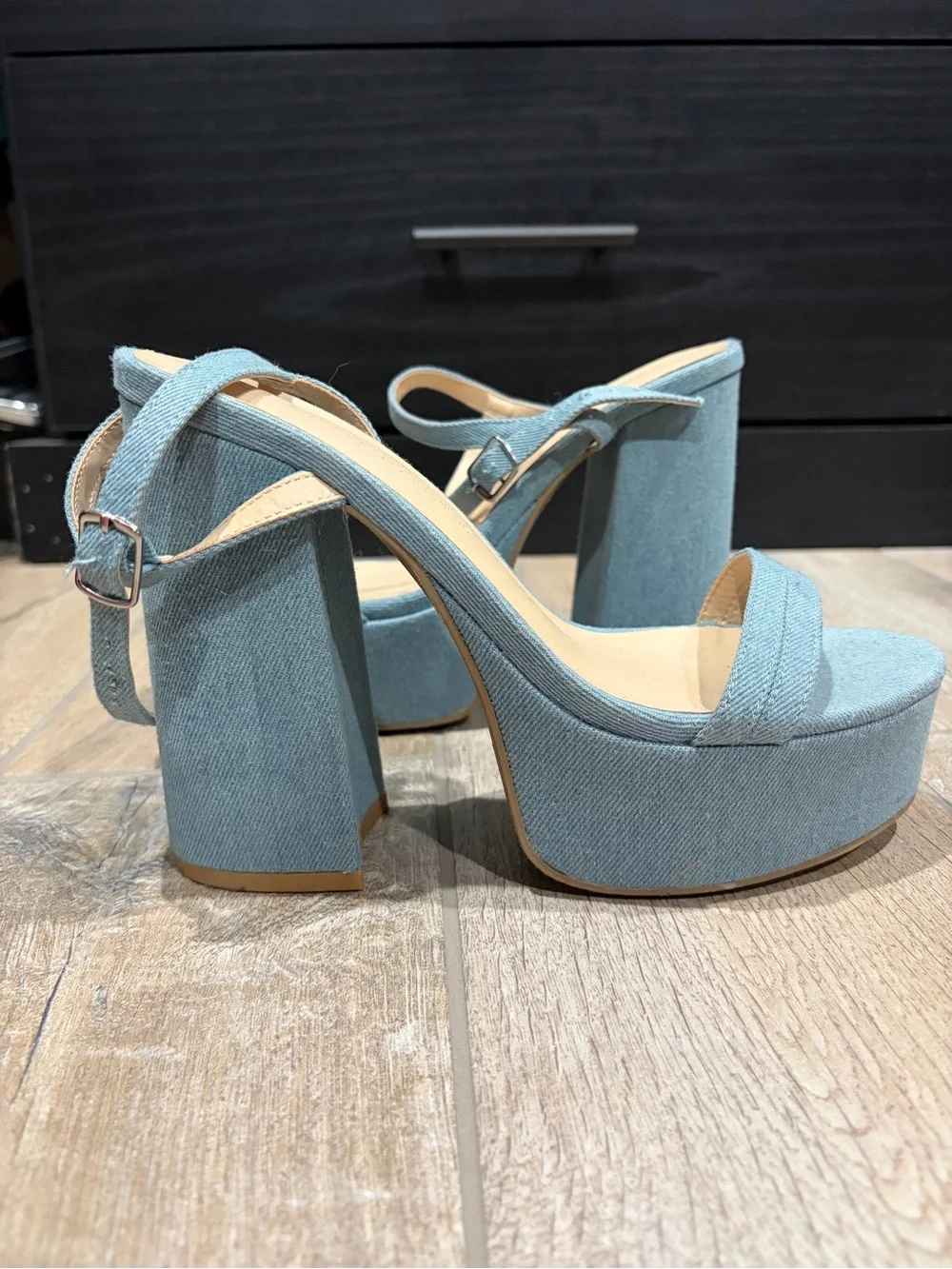 Forever 21 Light Blue Denim Platform Block Heel Sandals